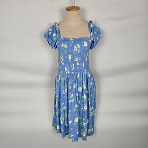 French Connection Dress Women's 6 Blue Yellow Floral Mini Cap Short Sleeve NWT